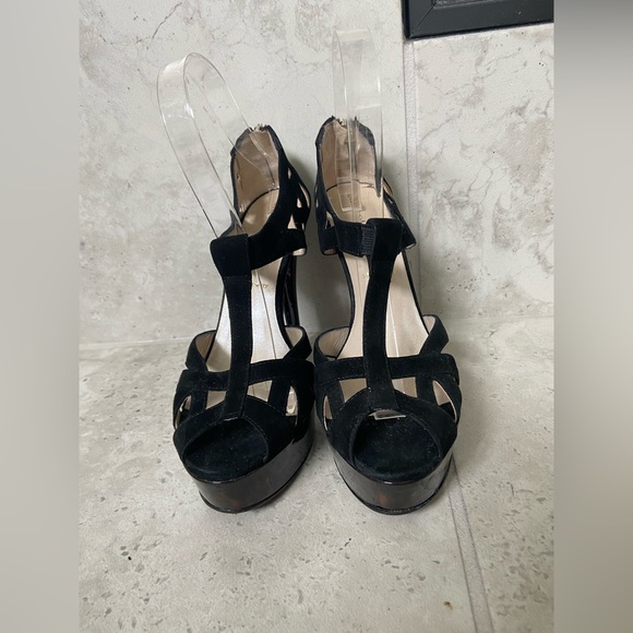 Vintage Bruno Magli Black Suede Open Toe Stiletto Platform Heels Sz 37& 1/2 US 7 - Picture 3 of 14